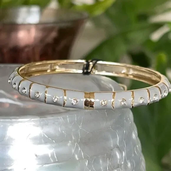 White Enamel Geometric Pattern Accented with Clear Crystals in Gold Hinged NWT - Picture 3 of 7